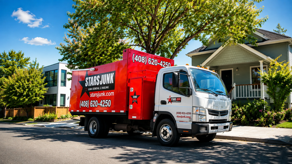 Professional junk removal and hauling service team loading debris from residential cleanup in San Jose